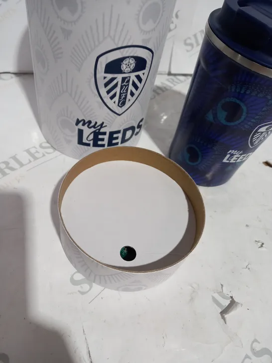 BOXED MY LEEDS FOOTBALL COLLECTABLE TRAVEL CUP WITH AUDIO CHANCE IN BOX LID 