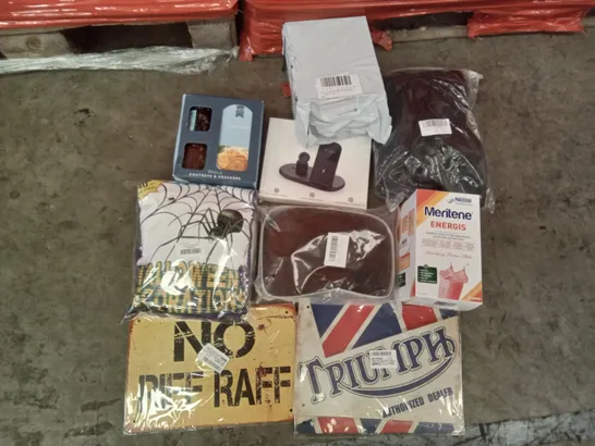 PALLET OF ASSORTED ITEMS INCLUDING HALLOWEEN DECORATIONS, COSPLAY WIG, NO RIFF RAFF SIGN, TRIUMPH SIGN, WIRELESS PHONE CHARGER, DOG TOYS SET