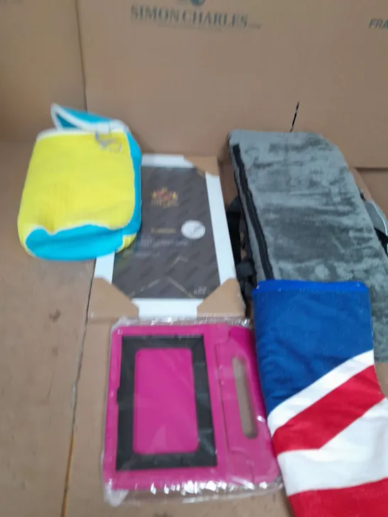 LARGE QAUNTIITY OF ASSORTED HOUSEHOLD ITEMS TO INCLUDE TABLET CASE, PHOTO FRAME AND TOWELS