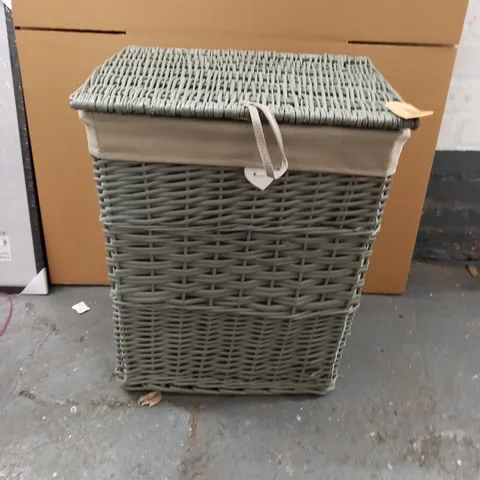 GREEN LEAVES GREY WICKER LAUNDRY BASKET - APPROX 60X45X40CM