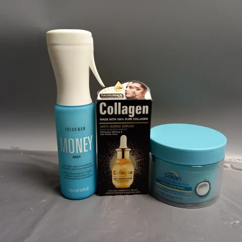 3 ASSORTED HEALTH AND BEAUTY PRODUCTS TO INCLUDE COLOR WOW MONEY MIST, FRUIT OF THE WOKALI COLLAGEN ANTI-AGING CREAM, BOOTS SOLTAN SOOTHE & MOISTURISE AFTERSUN BODY BUTTER