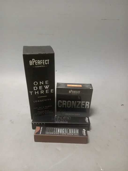 LOT OF 4 SEALED BPERFECT MAKE UP PRODUCTS TO INCLUDE FACIAL MIST, CREAM BRONZER IN SAND AND DARK BROWN EYEBROW GEL 