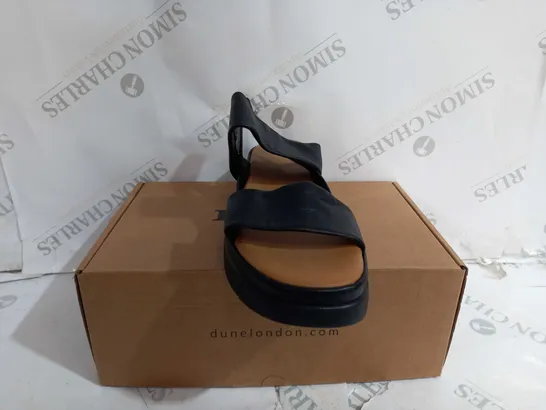 BOXED PAIR OF DUNE BLACK LEATHER PLATFORM SANDALS - SIZE 6