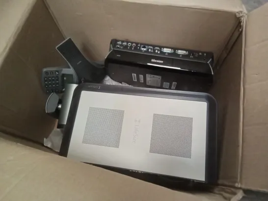 BOX OF ASSORTED TECH INCLUDING POLYCOM CONFERENCE PHONE, LIFESIZE 10× CAMERA, LIFESIZE ROOM 220, LIFESIZE ICON 600