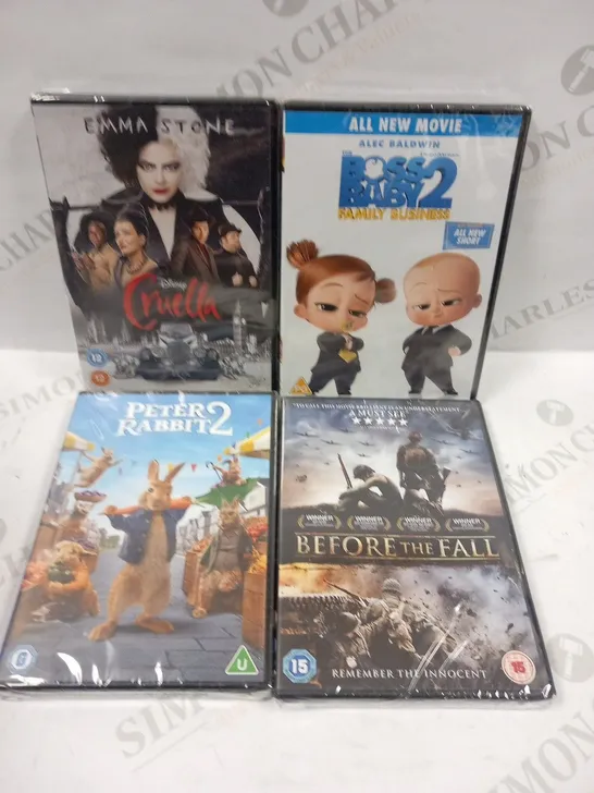 APPROXIMATELY 29 ASSORTED DVDS AND BOXSETS TO INCLUDE; CRUELLA, BOSS BABY 2, RANDALL AND HOPKIRK DECEASED(BOX SET) AND PETER RABBIT 2