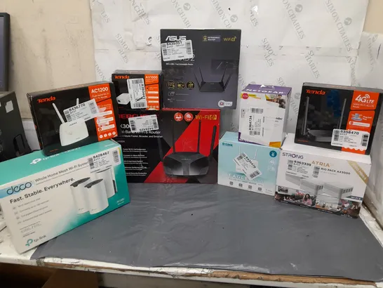 LARGE BOX OF ASSORTED HOME NETWORKING PRODUCTS TO INCLUDE TENDA, ASUS, AND TP-LINK ETC.