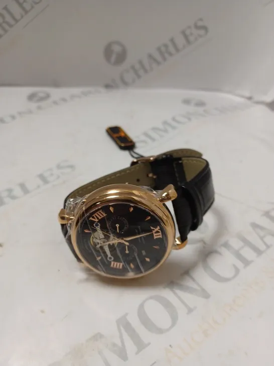 BOXED SAMUEL JOSEPH AUTOMATIC ROSE BLACK WATCH WITH LEATHER STRAP