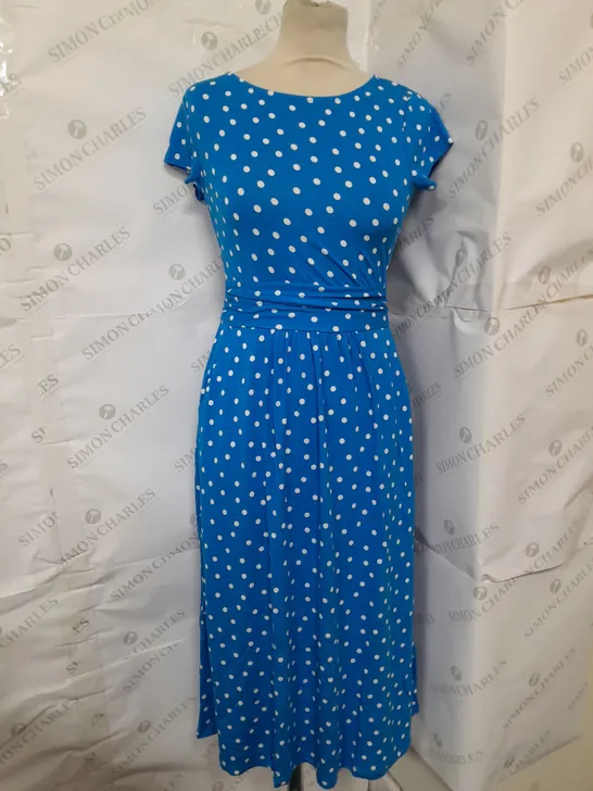BODEN SHORT SLEEVE PLEATED JERSEY POCKET MIDI DRESS IN SPOTTED BLUE SIZE 4