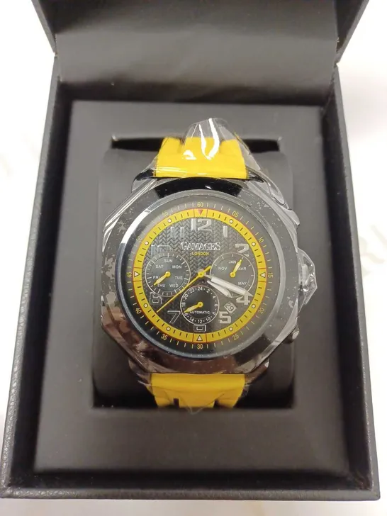 GAMAGES CONTEMPORARY YELLOW TRIPLE DATE DIAL AUTOMATIC RUBBER STRAP WRISTWATCH	