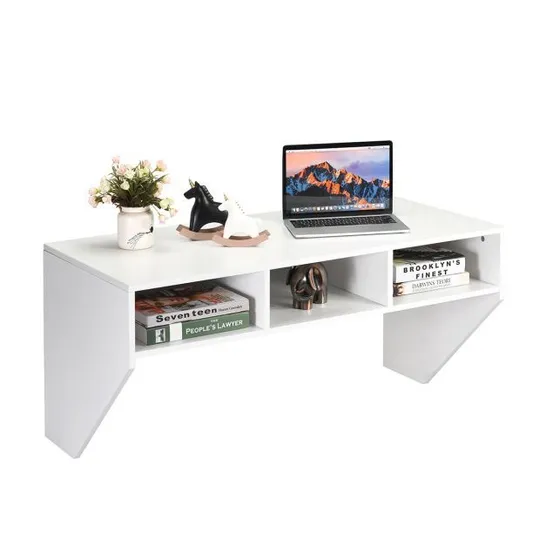 BOXED COSTWAY WALL MOUNTED FLOATING COMPUTER DESK WOOD PC WORKING STUDYING TABLE W/ 3 STORAGE - WHITE