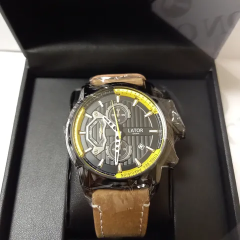 LATOR CALIBRE BLACK & YELLOW FACE SUEDE LEATHER STRAP WATCH