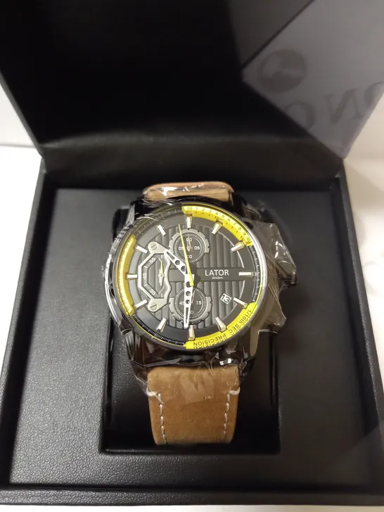 LATOR CALIBRE BLACK & YELLOW FACE SUEDE LEATHER STRAP WATCH RRP £635