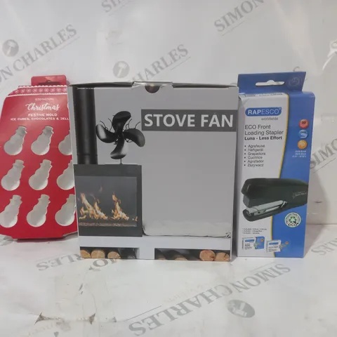 BOX OF APPROXIMATELY 15 ASSORTED HOUSEHOLD ITEMS TO INCLUDE FRONT LOADING STAPLER, STOVE FAN, FESTIVE MOLD, ETC