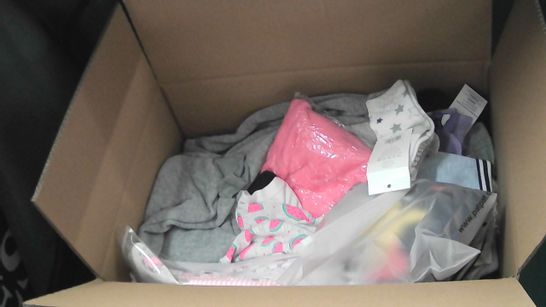 BOX OF ASSORTED GIRLS CLOTHING TO INCLUDE HAT, DRESS, VEST