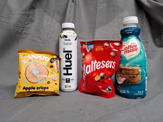 TOTE OF APPROX 10 ASSORTED FOOD ITEMS TO INCLUDE - HUEL VANILLA , APPLE CRISPS , NESTLE COFFEE MATE ETC