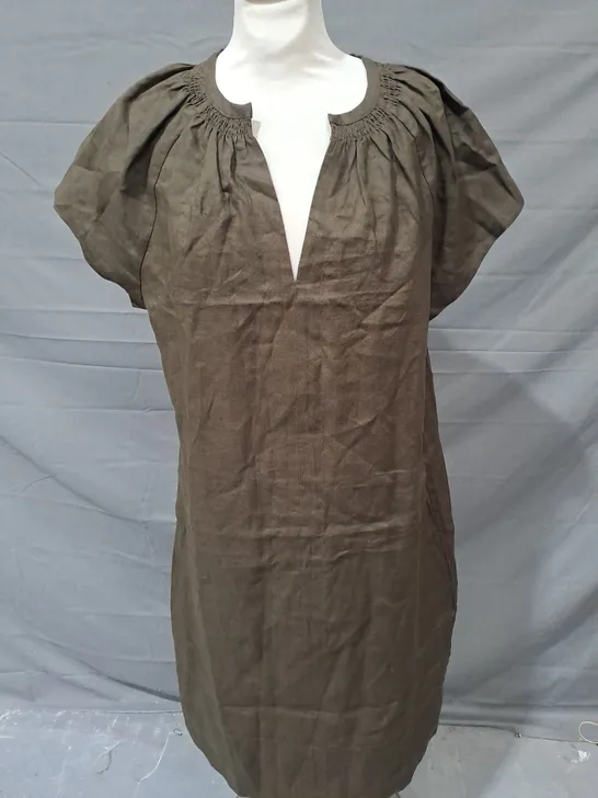 JIGSAW LINEN SMOCKED T-SHIRT DRESS IN MUDDY GREEN UK SIZE 16