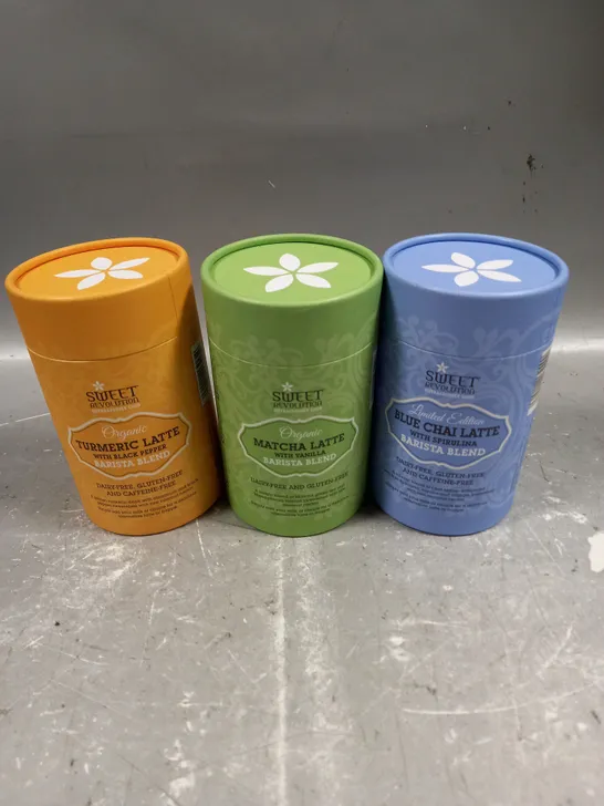 3 X SEALED SWEET REVOLUTION DRINKS PACKS TO INCLUDE TURMERIC LATTE, MATCHA LATTE, BLUE CHAI ETC 