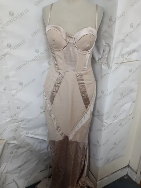 CLUB LONDON SATIN SWEETHEART CORSET FISHTAIL MAXI DRESS IN CHAMPAGNE SIZE 10