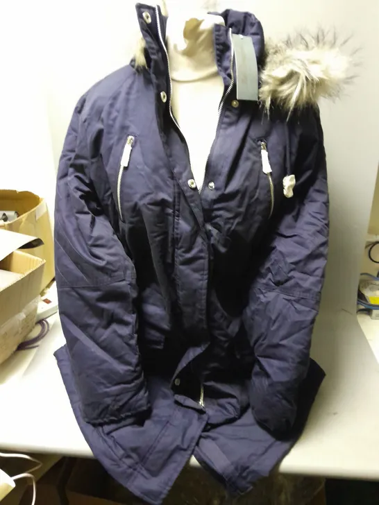 RUTH LANGSFORD PADDED JACKET WITH FUR LINED HOOD IN NAVY SIZE L