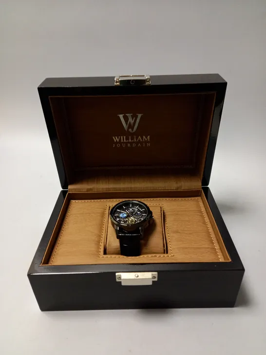 MENS WILLIAM JOURDAIN AUTOMATIC 2580 WATCH – OPEN HEART MOVEMENT WITH SUB DIALS – GLASS EXHIBITION BACK CASE – BLACK GENUINE LEATHER STRAP