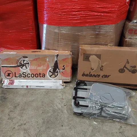 PALLET OF ASSORTED ITEMS INCLUDING: CHILDREN'S BALANCE CAR, SCOOTER, SUITCASE, LED BAR LIGHT