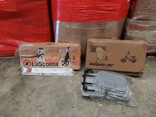 PALLET OF ASSORTED ITEMS INCLUDING: CHILDREN'S BALANCE CAR, SCOOTER, SUITCASE, LED BAR LIGHT