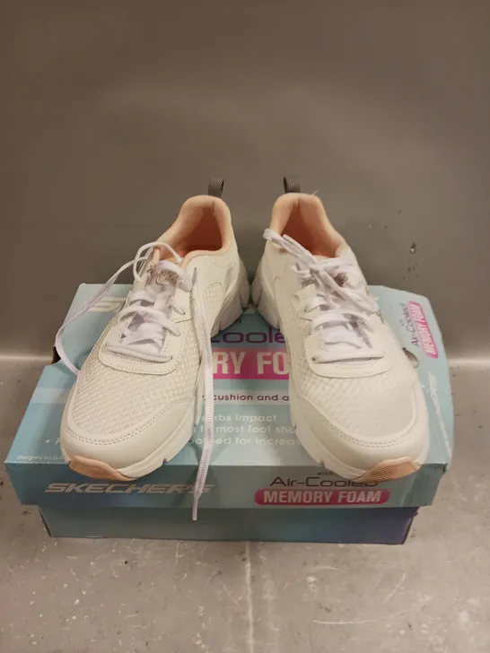 BOXED PAIR OF SKECHERS MEMORY FOAM WHITE TRAINERS - 6