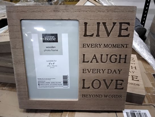 PALLET OF APPROXIMATELY 125 CASES EACH CONTAINING 6 WOODEN PHOTO FRAMES, 6" × 4" LIVE, LAUGH, LOVE + APPROXIMATELY 40 UNBOXED FRAMES. 
