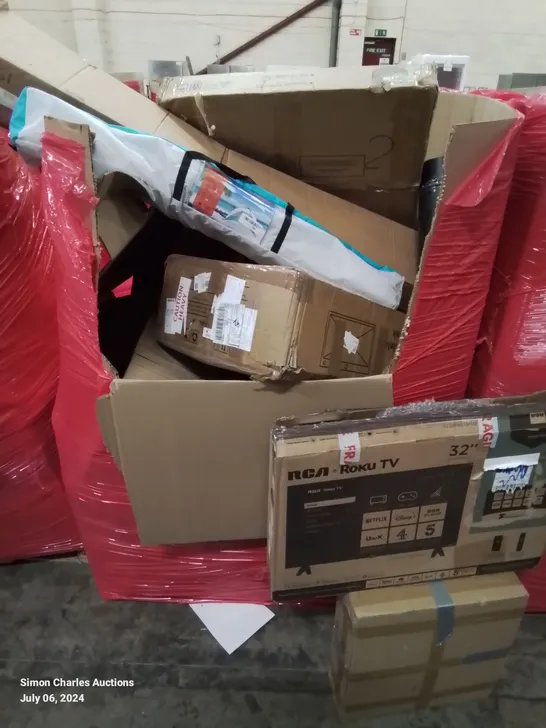 PALLET OF ASSORTED HOUSEHOLD ITEMS AND CONSUMER PRODUCTS TO INCLUDE; 32" RCA ROKU TV, STAINLESS STEEL SINK, TENT ETC.