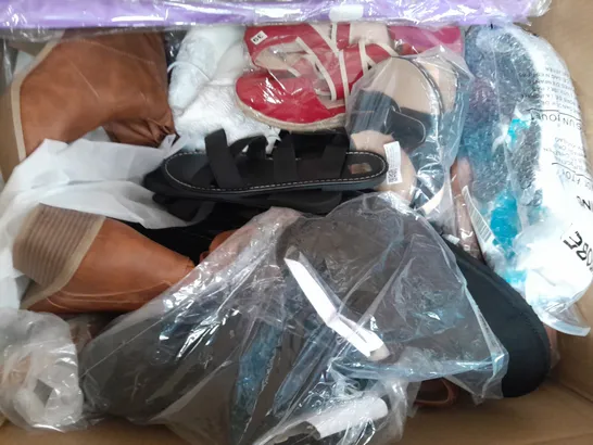 BOX OF APPROXIMATELY 15 ASSORTED PAIRS OF SHOES AND FOOTWEAR ITEMS IN VARIOUS COLOURS, STYLES, AND SIZES - COLLECTION ONLY