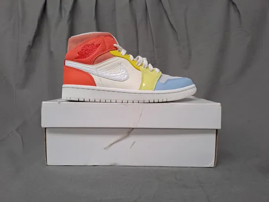 BOXED PAIR OF NIKE AIR JORDAN 1 MID SHOES IN SAIL/WHITE/MULTICOLOUR UK SIZE 4.5