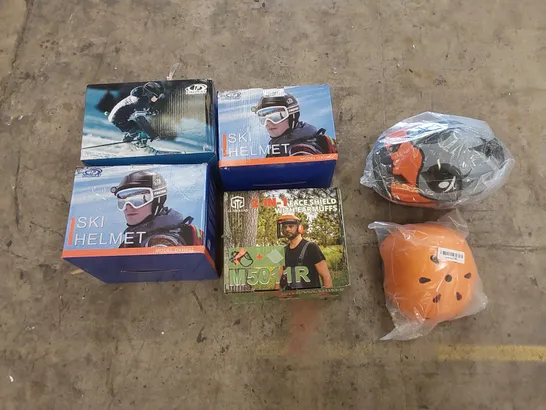 PALLET TO CONTAIN A LARGE ASSORTMENT OF PROTECTIVE HEAD PROTECTION HELMETS. INCLUDES SKI HELMETS, SNOWBOARDING HELMETS, BICYCLE AND EXTREME SPORTS HELMETS, FACE SHIELD ETC 