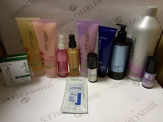 LOT OF APPROX 12 ASSORTED MATRIX HAIRCARE PRODUCTS TO INCLUDE PROTEIN BODIFYING TREATMENT, RADIANCE BOOSTING GEL, VOLUME BOOSTER, ETC