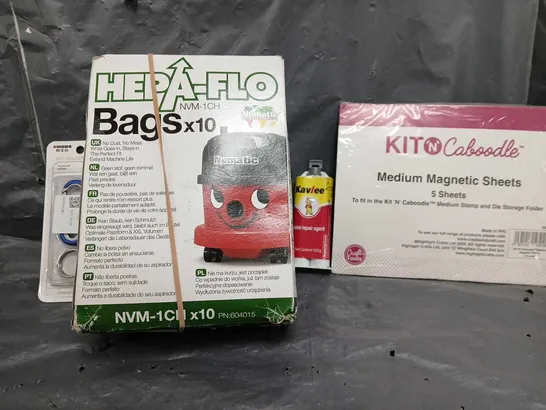 BOX OF APPROXIMATELY 12 ASSORTED ITEMS TO INCLUDE - HEPA FLO BAGS X10 , KAVLEE METAL REPAIR KIT , MEDIUM MAGNETIC SHEETS ETC