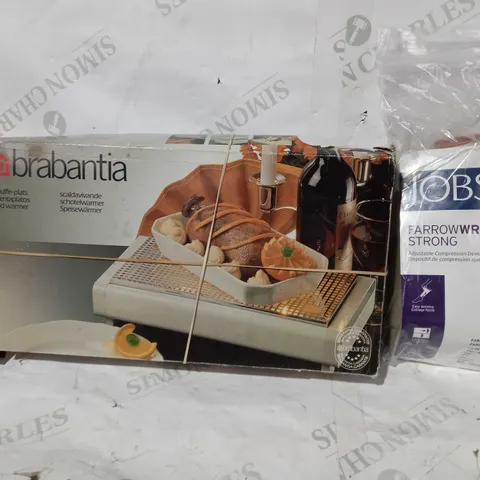 BOX OF APPROXIMATELY 8 ASSORTED HOUSEHOLD ITEMS TO INCLUDE JOBST COMPRESSION LEG PIECE, BRABANTIA FOOD WARMER, CRIMPIT TOASTIE MAKER FOR THINS, ETC