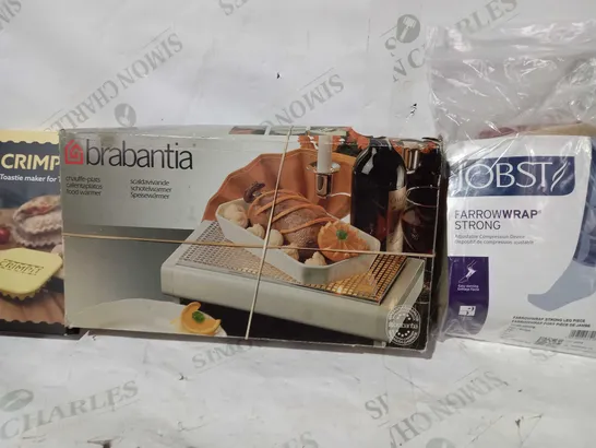 BOX OF APPROXIMATELY 8 ASSORTED HOUSEHOLD ITEMS TO INCLUDE JOBST COMPRESSION LEG PIECE, BRABANTIA FOOD WARMER, CRIMPIT TOASTIE MAKER FOR THINS, ETC