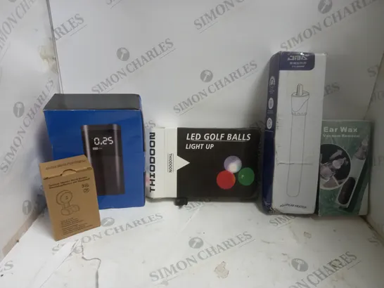 APPROXIMATELY 5 ASSORTED ELECTRICAL ITEMS TO INCLUDE WIRELESS AIR PUMP, LED GOLF BALLSM, EAR WAX VACUUM, ETC