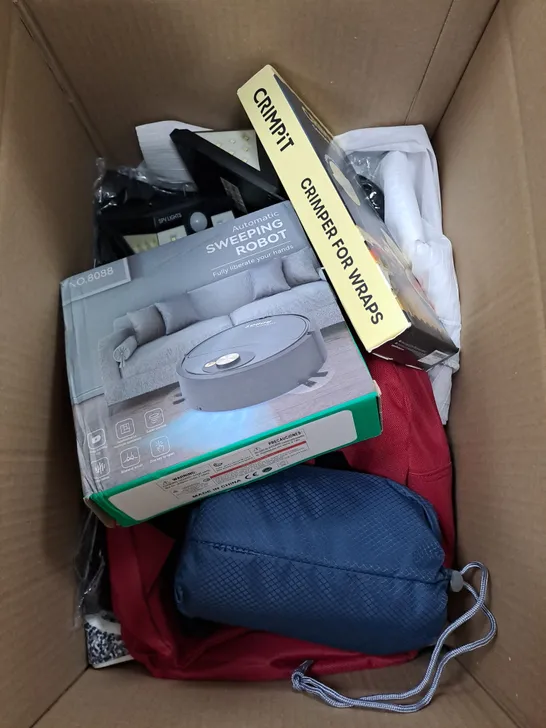 BOX OF APPROXIMATELY 10 ASSORTED ITEMS TO INCLUDE CRIMPIT, SWEEPING ROBOT, CANTERBURY TRAVEL BAG ETC