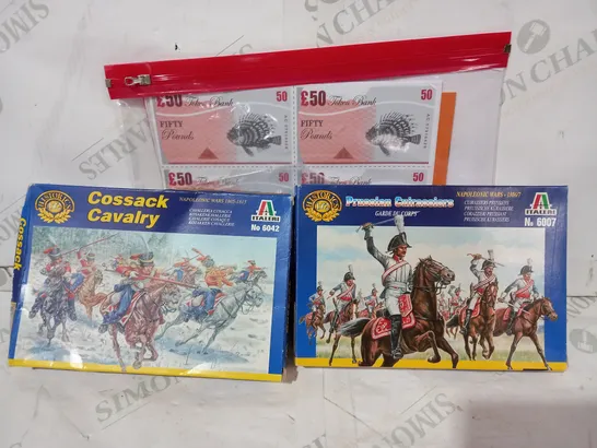 BOX OF APPROXIMATELY 10 ASSORTED TOYS AND GAMES TO INCLUDE ITALERI 6007 PRUSSIAN CUIRASSIERS, ITALERI 6042 COSSACK CAVALRY, ETC