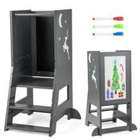 BOXED COSTWAY TODDLER KITCHEN STOOL HELPER WITH CHALKBOARD AND WHITEBOARD - GREY