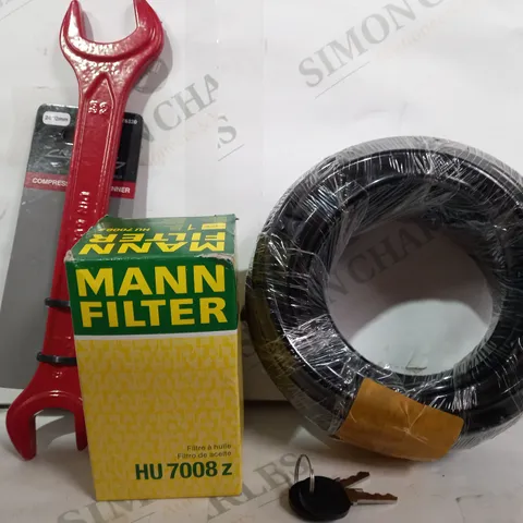 BOX OF APPROXIMATELY 20 ASSORTED CAR AND VEHICLE PARTS AND ACCESSORIES TO INCLUDE MANN FILTER HU 7008 Z, NERRAD TOOLS COMPRESSION NUT SPANNER, ETC