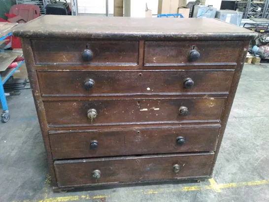 ANTIQUE TWO OVER FOUR DARK WOOD CHEST OF DRAWERS WITH BUN HANDLES