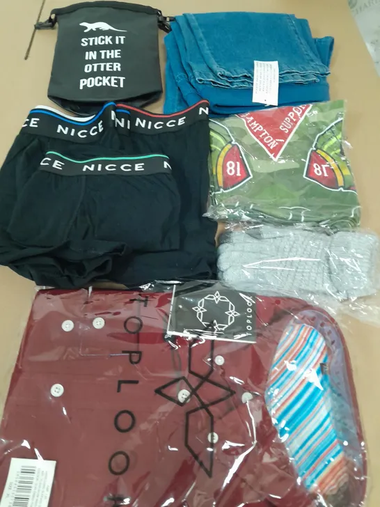 BOX OF APPROXIMATELY 15 CLOTHING ITEMS TO INCLUDE OTTER POCKET, NICCE BOXERS, TOPLOOK SHIRT ETC