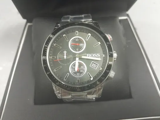 HUGO BOSS STAINLESS STEEL BLACK DIAL WATCH IN BOX