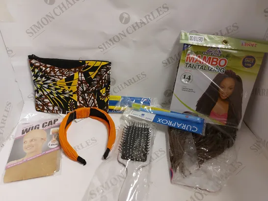 BOX OF APPROX 5 ITEMS TO INCLUDE DELUXE WIG CAP, HAIR EXTENSIONS AND HAIR BANDS