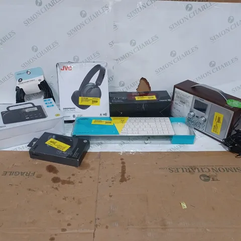 BOX OF APPROXIMATELY 45 ASSORTED ITEMS TO INCLUDE A DEEPBASS WIRELESS HEADPHONES. A PORTABLE AM/FM RADIO. A WIRELESS KEYBOARD/MOUSE AND A 10M NETWORK CABLE 