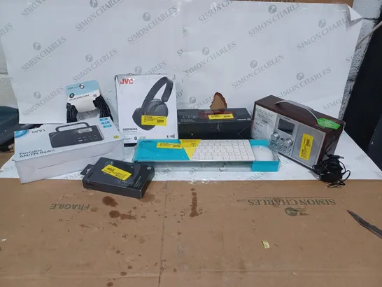 BOX OF APPROXIMATELY 45 ASSORTED ITEMS TO INCLUDE A DEEPBASS WIRELESS HEADPHONES. A PORTABLE AM/FM RADIO. A WIRELESS KEYBOARD/MOUSE AND A 10M NETWORK CABLE 