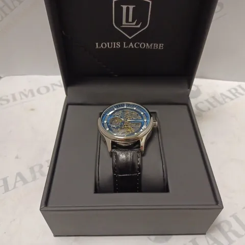 MENS LOUIS LACOMBE AUTOMATIC WATCH – SKELETON DIAL – GLASS EXHIBITION BACK CASE – LEATHER STRAP – GIFT BOX