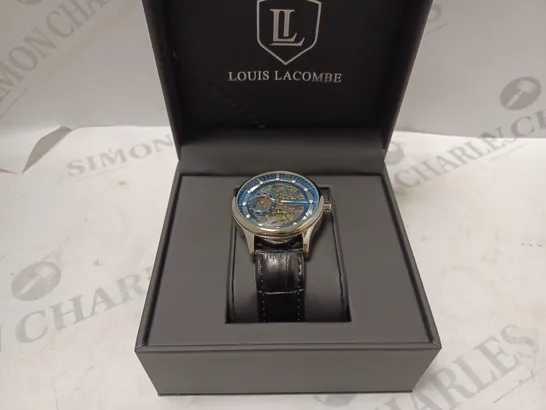 MENS LOUIS LACOMBE AUTOMATIC WATCH – SKELETON DIAL – GLASS EXHIBITION BACK CASE – LEATHER STRAP – GIFT BOX