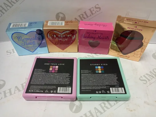 LOT OF 6 ASSORTED REVOLUTION PRODUCTS TO INCLUDE MERMAID'S HEART HIGHLIGHTER, TRIPLE BAKED BLUSH, STARRY EYED PIGMENT PALETTE, ETC 